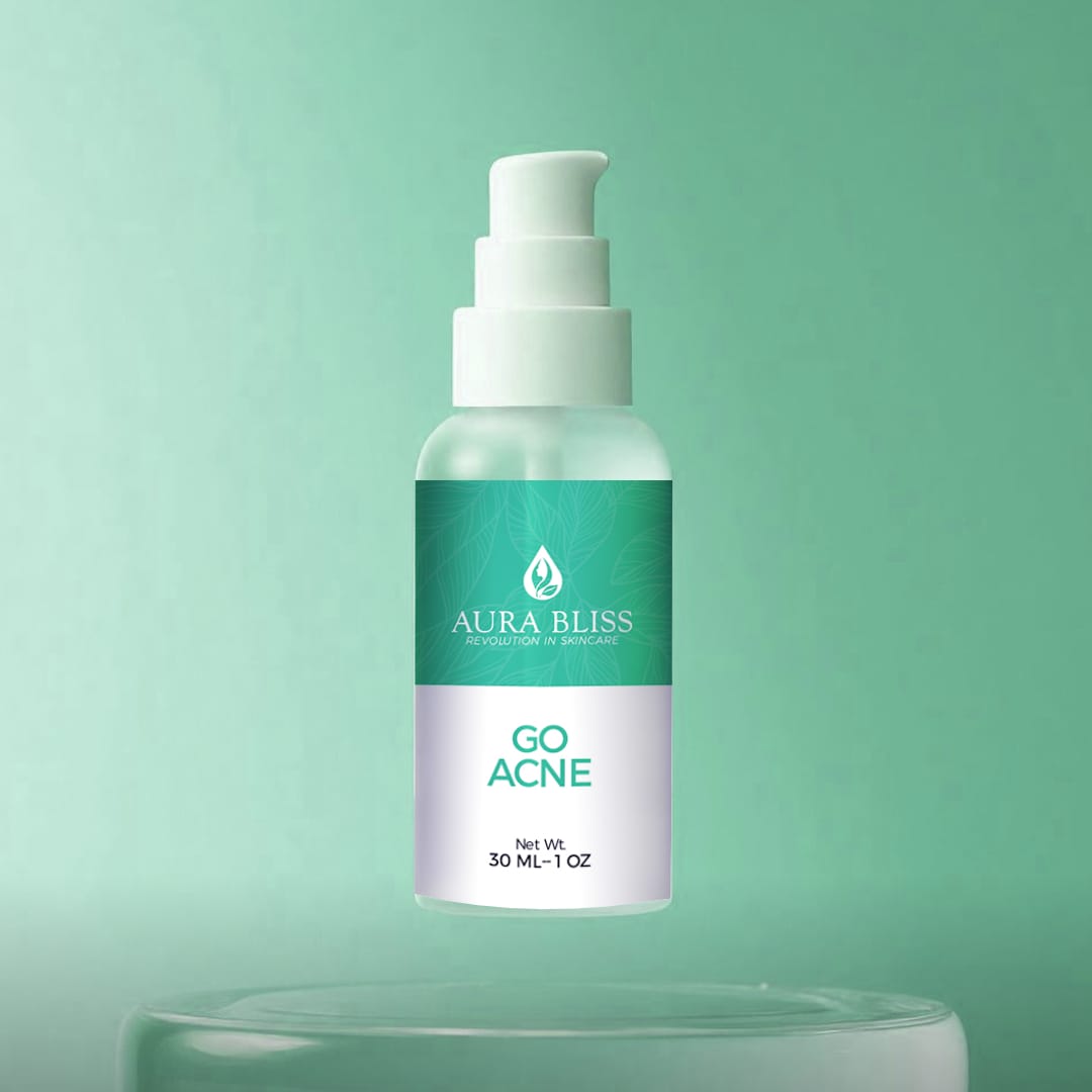 Aura Bliss Go Acne skincare serum bottle on a green background