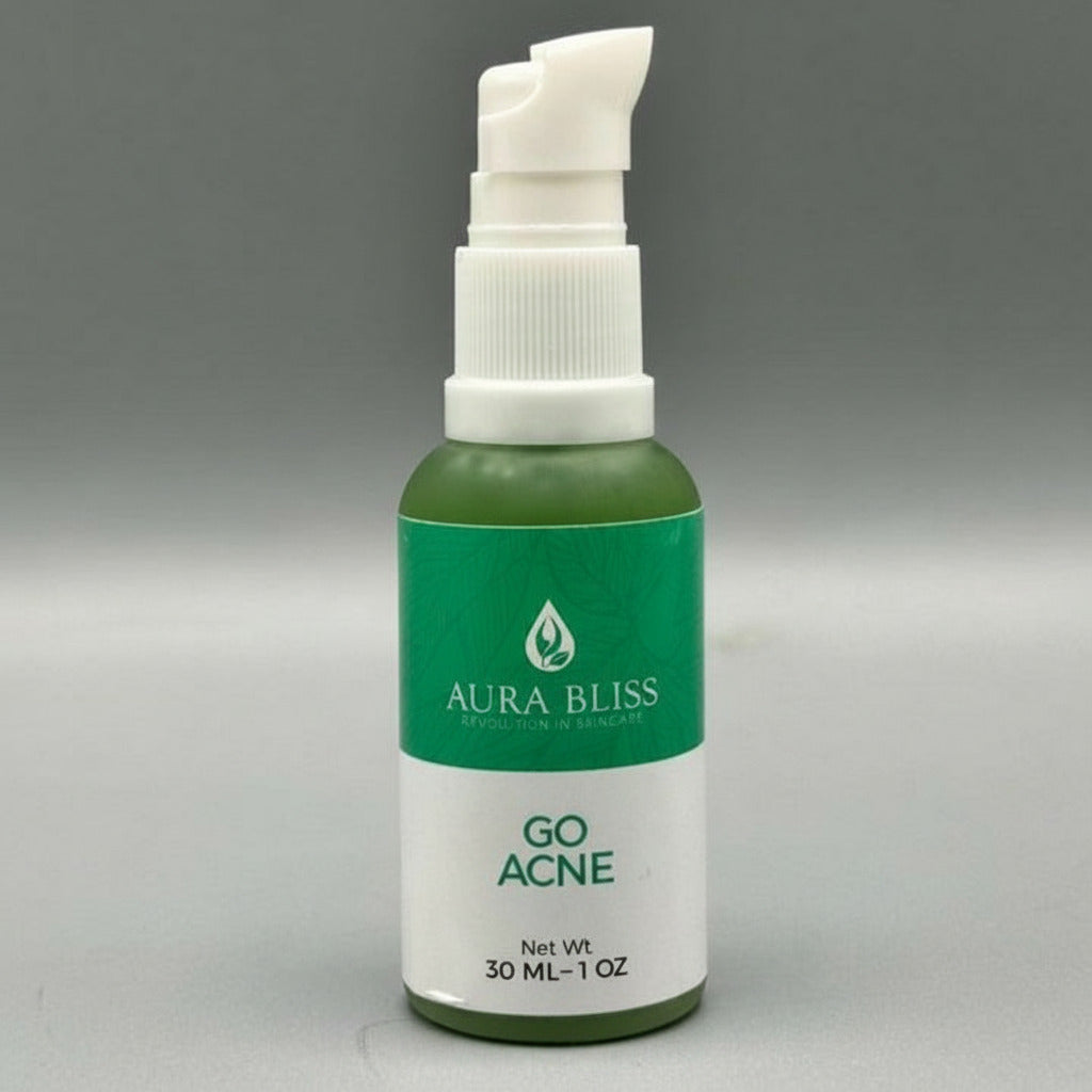 Green bottle with white pump labeled 'Aura Bliss Go Acne' on a gray background
