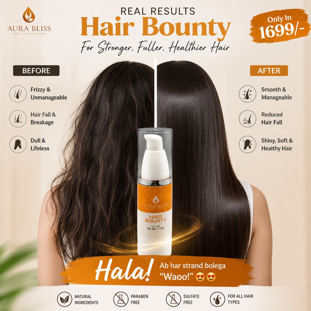 AuraBliss Hair Restore Serum bottle — anti hair fall treatment with Onion Oil and Biotin